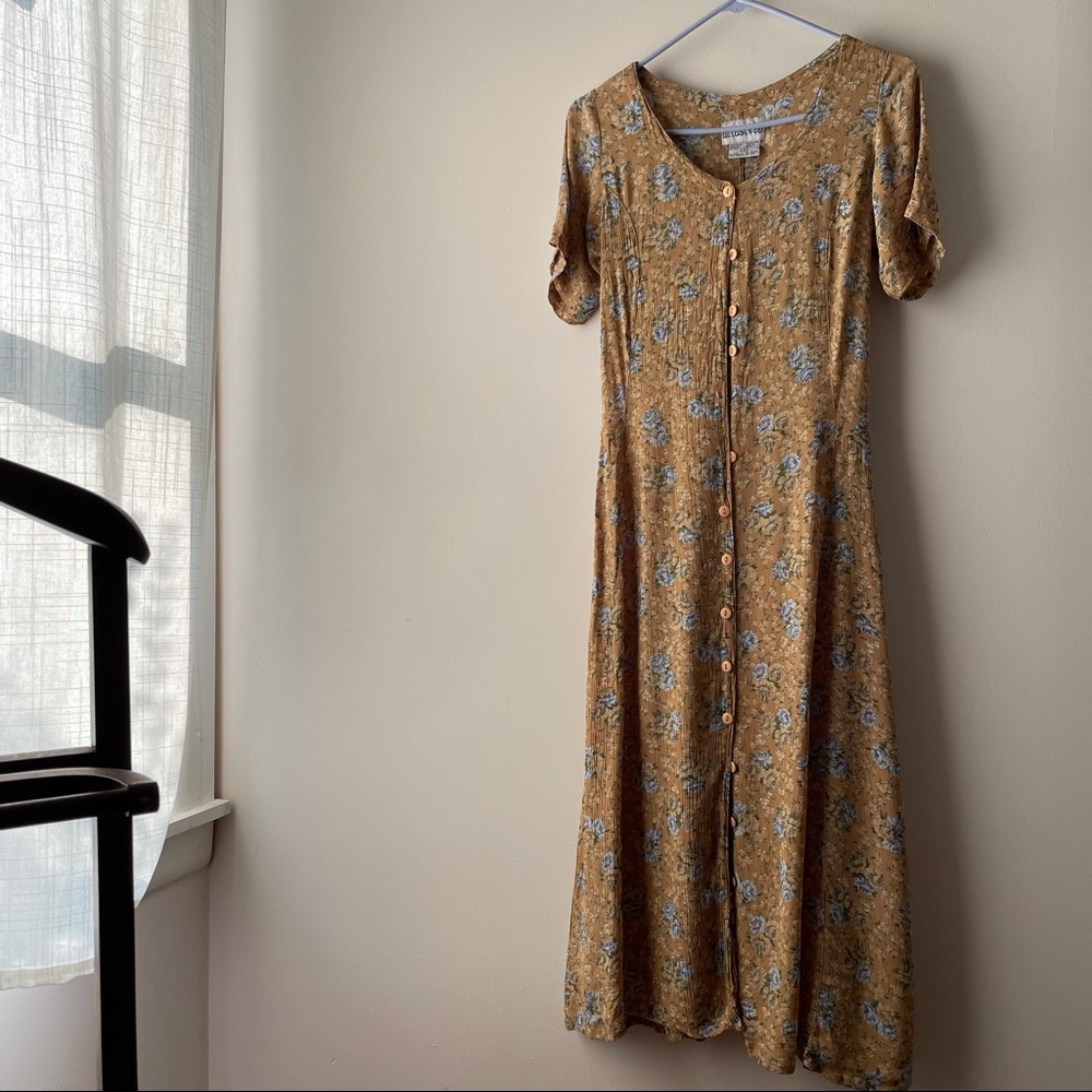 AT LAST & CO BROWN OLIVE FLORAL BUTTONED DRESS VTG